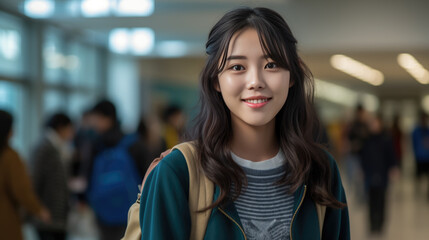 Young female student stands in the background of a campus hallway. Created with Generative AI technology.