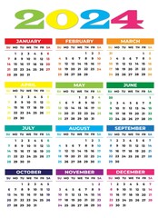 2024 Sunday Start Vertical Color Calendar Template, Simple layout of pocket or wall calenders. Desk...