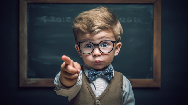 Little schoolboy points his index finger in the direction against a blackboard. Created with Generative AI technology. - Powered by Adobe