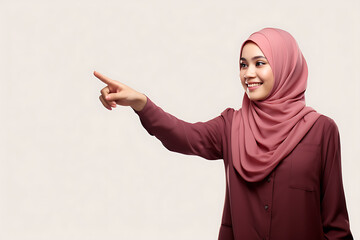 Hijab businesswoman pointing at blank copy space over white background