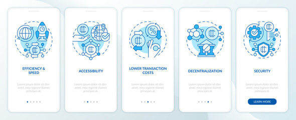 2D icons representing digital currency mobile app screen set. Walkthrough 5 steps blue graphic instructions with line icons concept, UI, UX, GUI template.