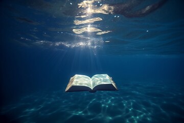 libro abierto flotando debajo del agua y entran rayos de luz, novela aislada sumergida dentro del agua