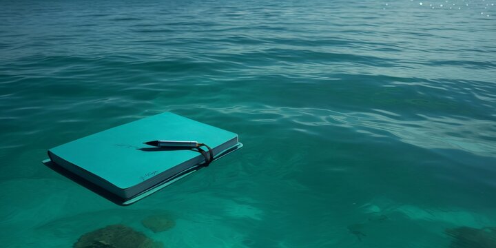 Libro flotando en el agua con un bol&iacute;grafo, mockup libro flotando en el mar aislado