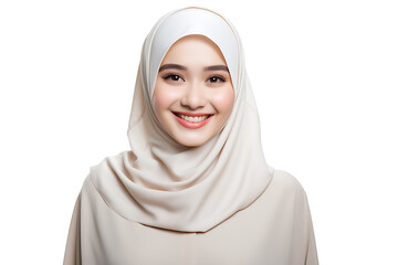 Beautiful muslim woman with white hijab isolated on white background.