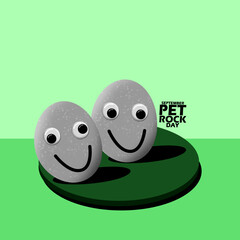 Two unique stones with cute looking eyes attached on wooden round plate, with bold text on green background to celebrate National Pet Rock Day on September