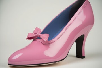 Zapato femenino coquette de charol de diseño con tacones elegante de color rosa con un lazo - obrazy, fototapety, plakaty