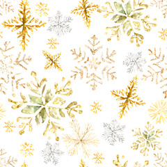 Silver and gold snowflakes seamless pattern, background vector illustration for winter greeting cards, fabrics and wrapping paper design