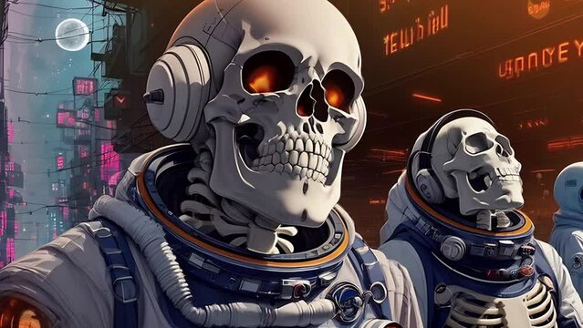 Undead astronaut in a spacesuit with flowers, surrealistic animation. Forgotten person, skeleton in spacesuit illustrations, transformations and metamorphose. AI generated video