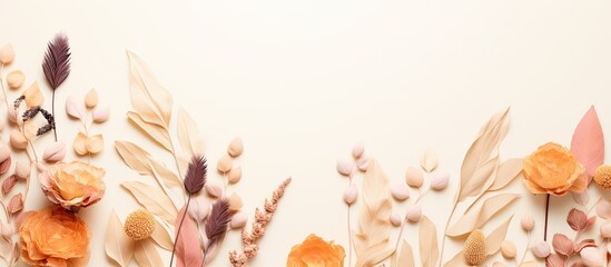 Autumn Composition. Paper Blank, Dried Flowers And Leaves On Pastel Beige Background. Autumn, Fall Concept. Flat Lay, Top View, Copy Space