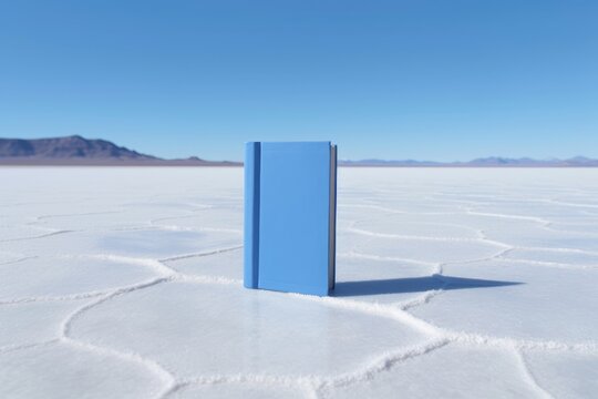 Mockup libro azul en el salar de Uyuni en Bolivia, mockup libro en un desierto de sal, mockup libreta en paisaje natural, 
