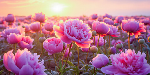 Beautiful flower pink peony close up, flowering in peonies garden field in golden yellow sunset sunrise wild organic landscape. Nature. Generative AI.