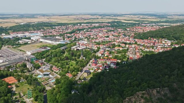 Aerial Drone shot of Thale . It is a town in the Harz district in Saxony-Anhalt in central Germany. Located at the steep northeastern rim of the Harz mountain range .