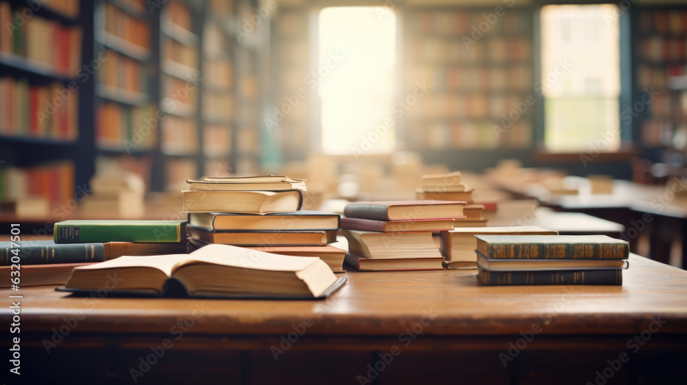 Poster open book in front of piles of books on library background.created with generative ai technology.