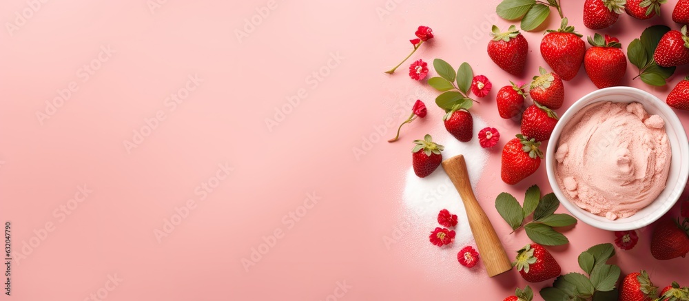 Aufkleber flatlay composition of ingredients and utensils for creating a homemade strawberry pie, featuring dough preparation on a pink background with available space for text.