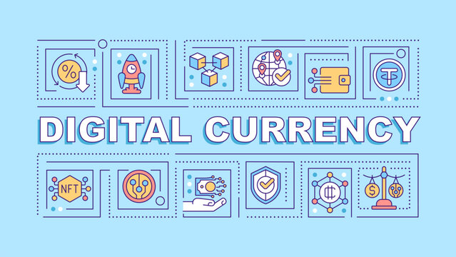 Digital currency text with various icons on blue monochromatic background, 2D vector illustration.