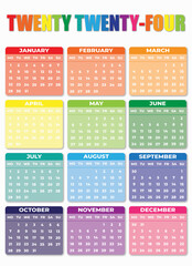 2024 Monday Start Vertictal Color Calendar Template, Simple layout of pocket or wall calenders. Desk calendar template. Yearly Stationery organizer in minimal design