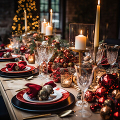 Naklejka premium Table decorated at Christmas. Generative AI.