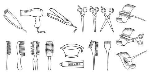 Hairdressing tools set, black line doodle icon isolated on white. Hand drawn barber comb, brush, scissors, bowl for hair dyeing, dryer, straightener and clipper. Beauty salon or barbershop design.