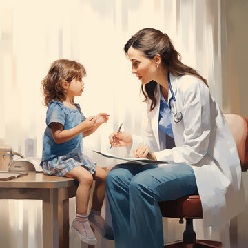Pediatrician doctor talking to a little girl in the hospital. Generative AI.