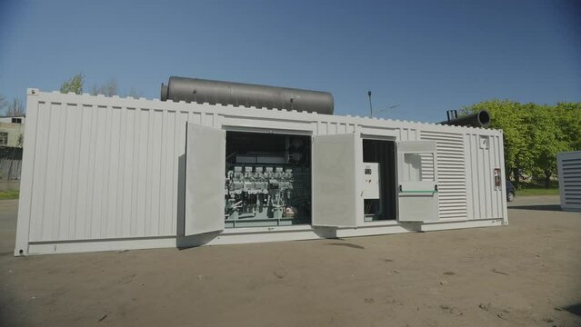 Mobile diesel generator. Diesel industrial power generator generator. Exterior of a large industrial generator.