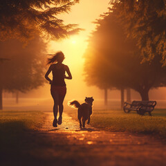 Woman jogging with her dog. Generative AI.