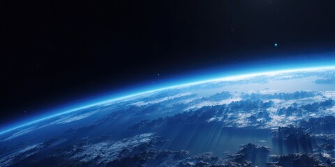 Blue space background with earth and galaxy. Abstract wallpaper with planetary glow. Science and education in outer space