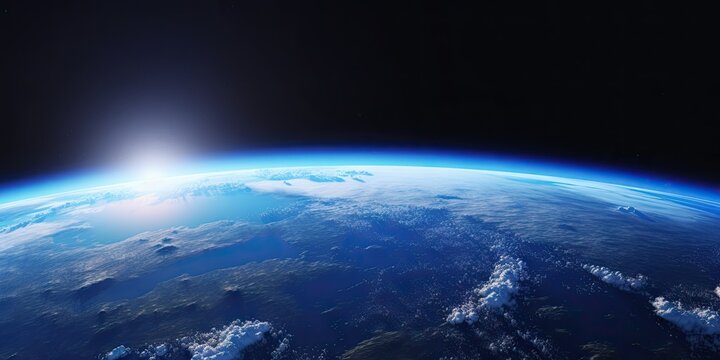 Blue space background with earth and galaxy. Abstract wallpaper with planetary glow. Science and education in outer space