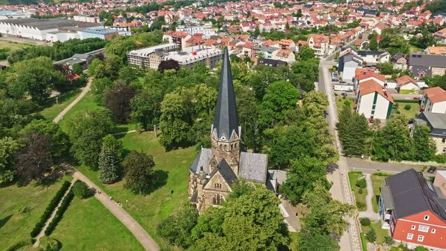 Aerial drone view of St. Petri Kirche ( St. Petri Church ) in thale , Germany
