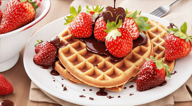 Delicious picture waffle with a chocolate and strawberries. Generative AI.
