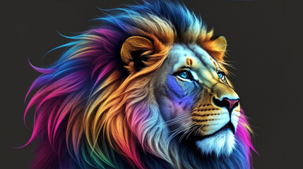 A colorful lion with a black background. Generative AI.