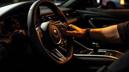 Close up detail of man's hand holding the steering wheel, wearing a modern wrist watch. Created with Generative AI technology.