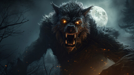 Scary werewolf and full moon