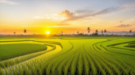 Organic rice harvested at sunset Bali's beauty. Generative AI.