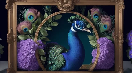 Keuken spatwand met foto A peacock is framed in a frame of flowers. Generative AI. © BornHappy