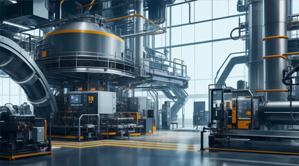 Modern manufacturing equipment in a futuristic factory. Generative AI.