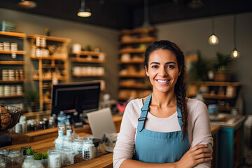 Latina Business Owner Mastering Technology in Wholesaler Store