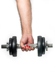 Obraz na płótnie Canvas Male hand with red painted fingernails holding black dumbbell, isolated on white background 