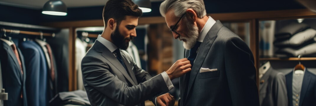 Scene in a men's suit tailor, formal suit shop. Making adjustments to a new suit. Well dressed gentleman, of a custom tailored suit shop. bespoke formal clothing. hand edited Generative AI.
