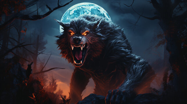 Scary werewolf and full moon