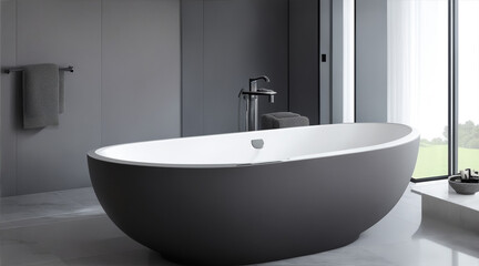 Grey modern oval bathtub gray walls luxury bathroom interior. Generative AI.