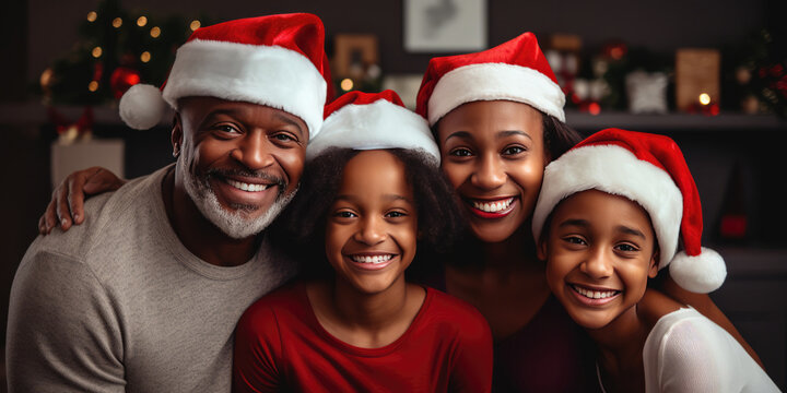 Happy African family wear santa hat for Christmas at home, generative ai