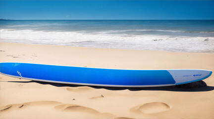 Fototapeta na wymiar A blue strip surfboard standing in a sand on the beach. Generative AI.