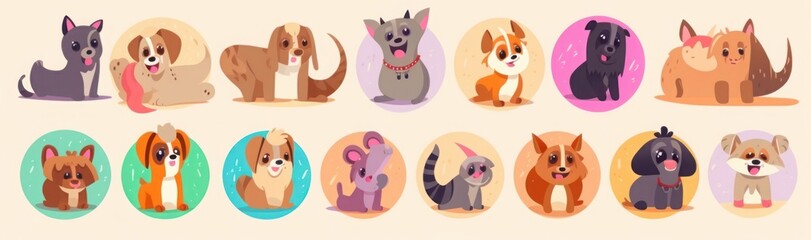 Fototapeta premium Cute dogs set. Colourful cartoon collection with cute dogs. set of different dog breeds. Funny puppy characters, Generative AI