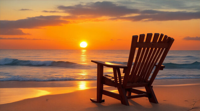 A perfect wood chair in front of a sunset in a beach. Generative AI.