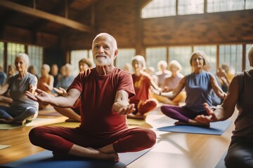 A group of diverse old people doing yoga in a yoga class at a retreat center