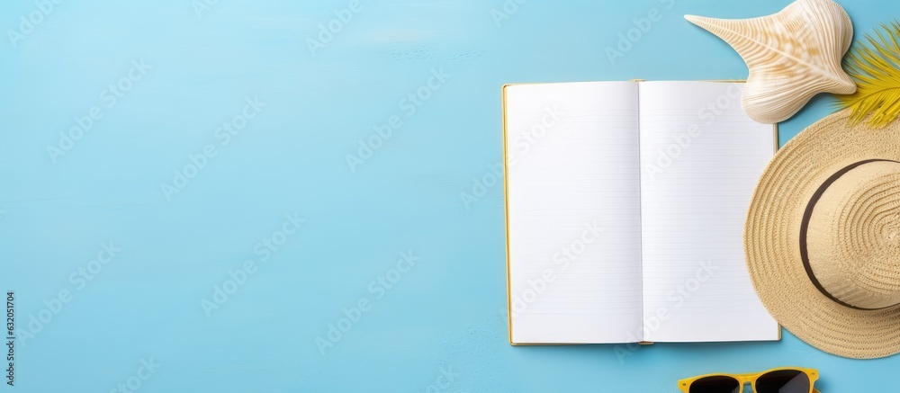 Poster A writing book with summer beach accessories on the background, empty space to write. is flat lay with plenty of copy space available.
