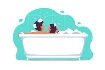Side view, Couple human in bathtub on isolated background, Vector illustration.
