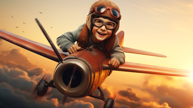 Little boy in a helmet flies a toy airplane in the sky in his fantasies. Created with Generative AI technology.