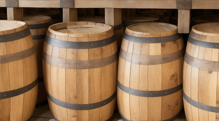 Wooden oak port barrels in neat rows closeup. Generative AI.