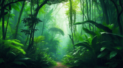 Jungle background rain forest nature scene futuristic. Generative AI.